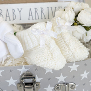 white knit baby booties