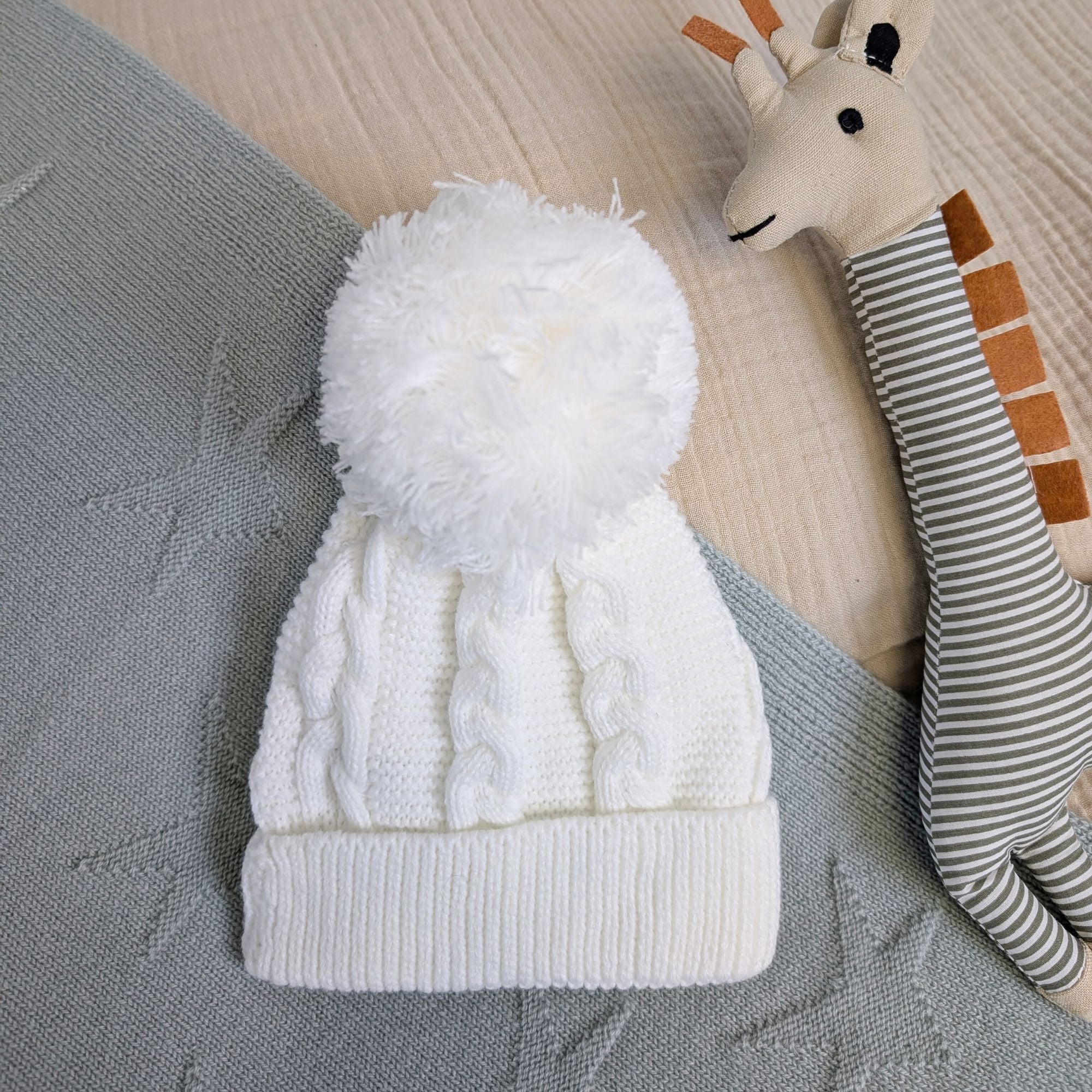 Recycled Cable Knit Hat to fit age 12 months to 24 months - White Baby Clothing