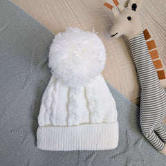 White Recycled Cable Knit Baby Pompom Hat