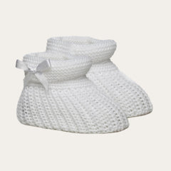 White Plain Knit Baby Booties with Bow – From Newborn