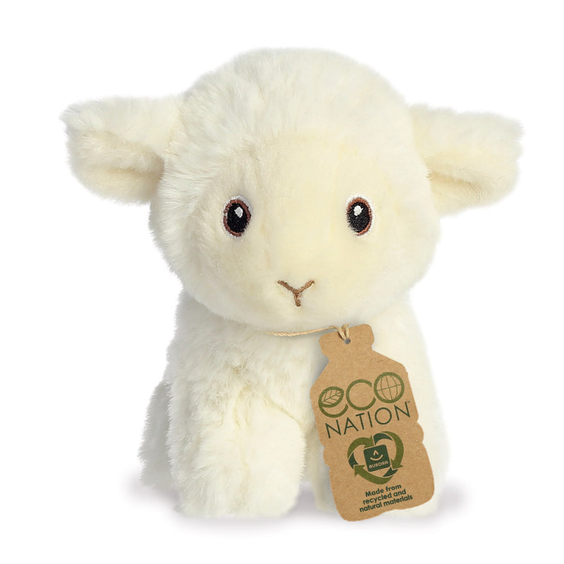 Soft white cuddly lamb soft toy made from recycled plastic bottles