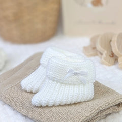 White Plain Knit Baby Booties with Bow  From Newborn