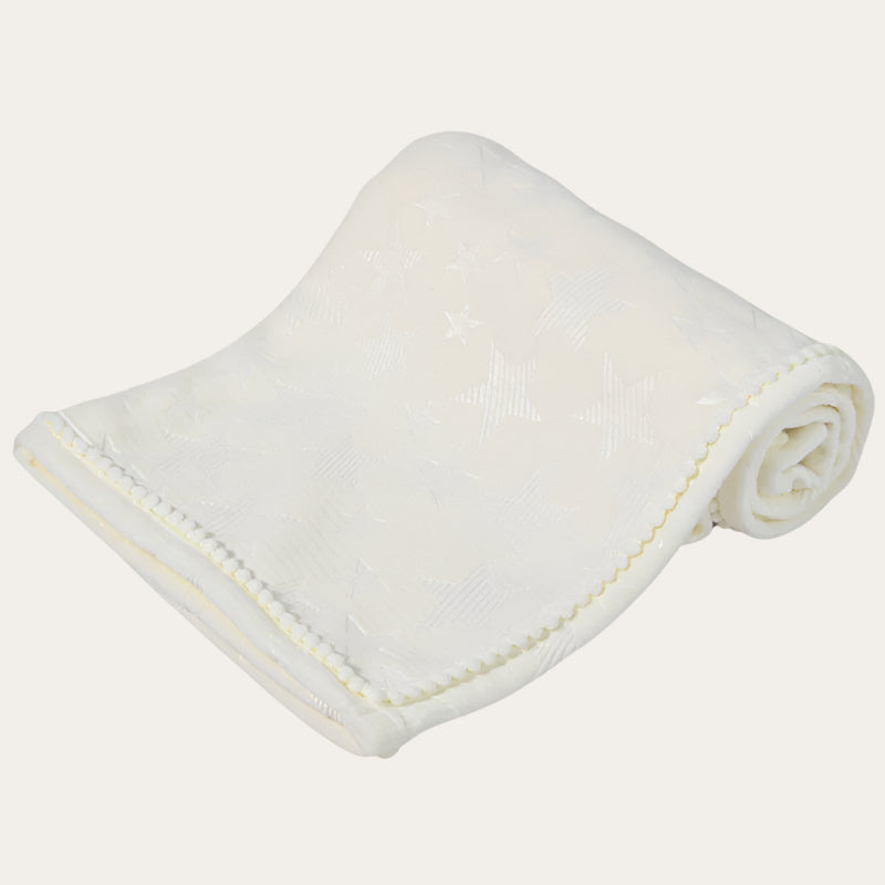 white star embossed mink wrap with pom pom trim – baby blanket 75 x 90cm