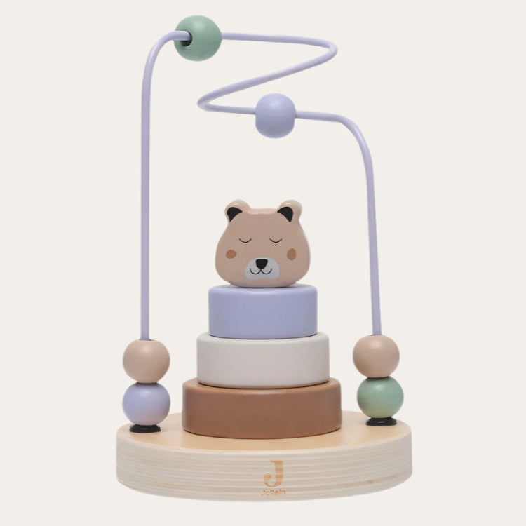 Wooden Spiral Jungle Toy – Cheetah with 4 coloured stacking cubes and 6 spiral beads, FSC-certified wood.