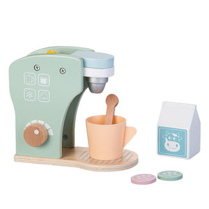 Wooden toy coffee maker set. With cup, milk and expresso machine.
