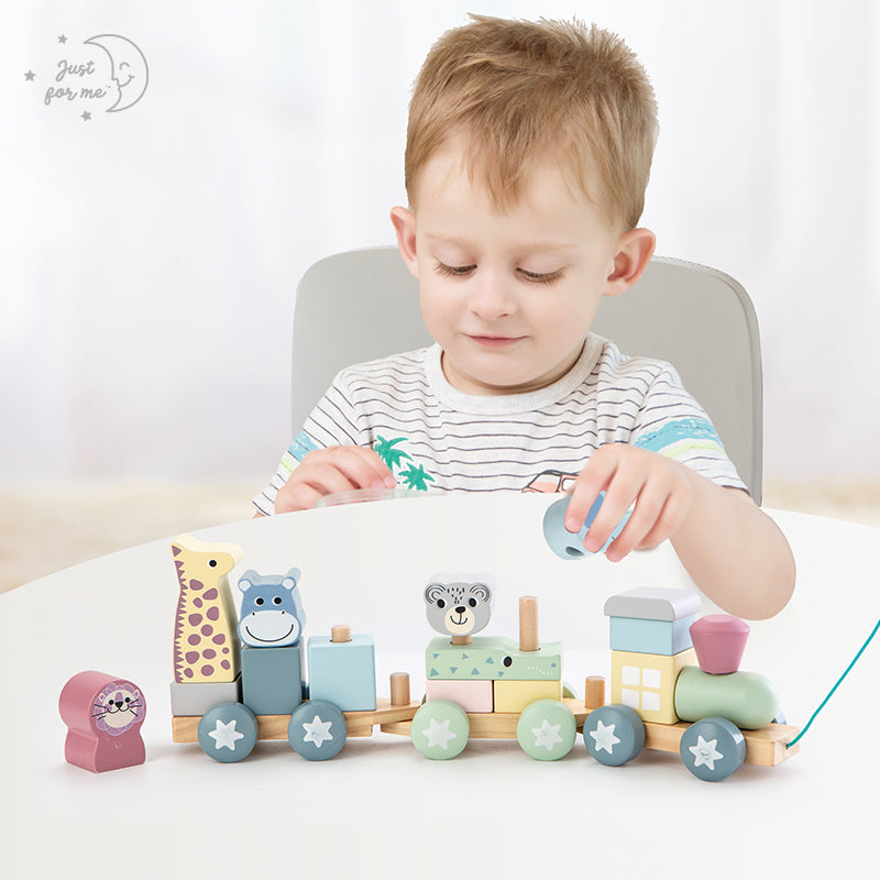 Wooden educational toddler toy, animal stacking train with 19 colourful pieces.
