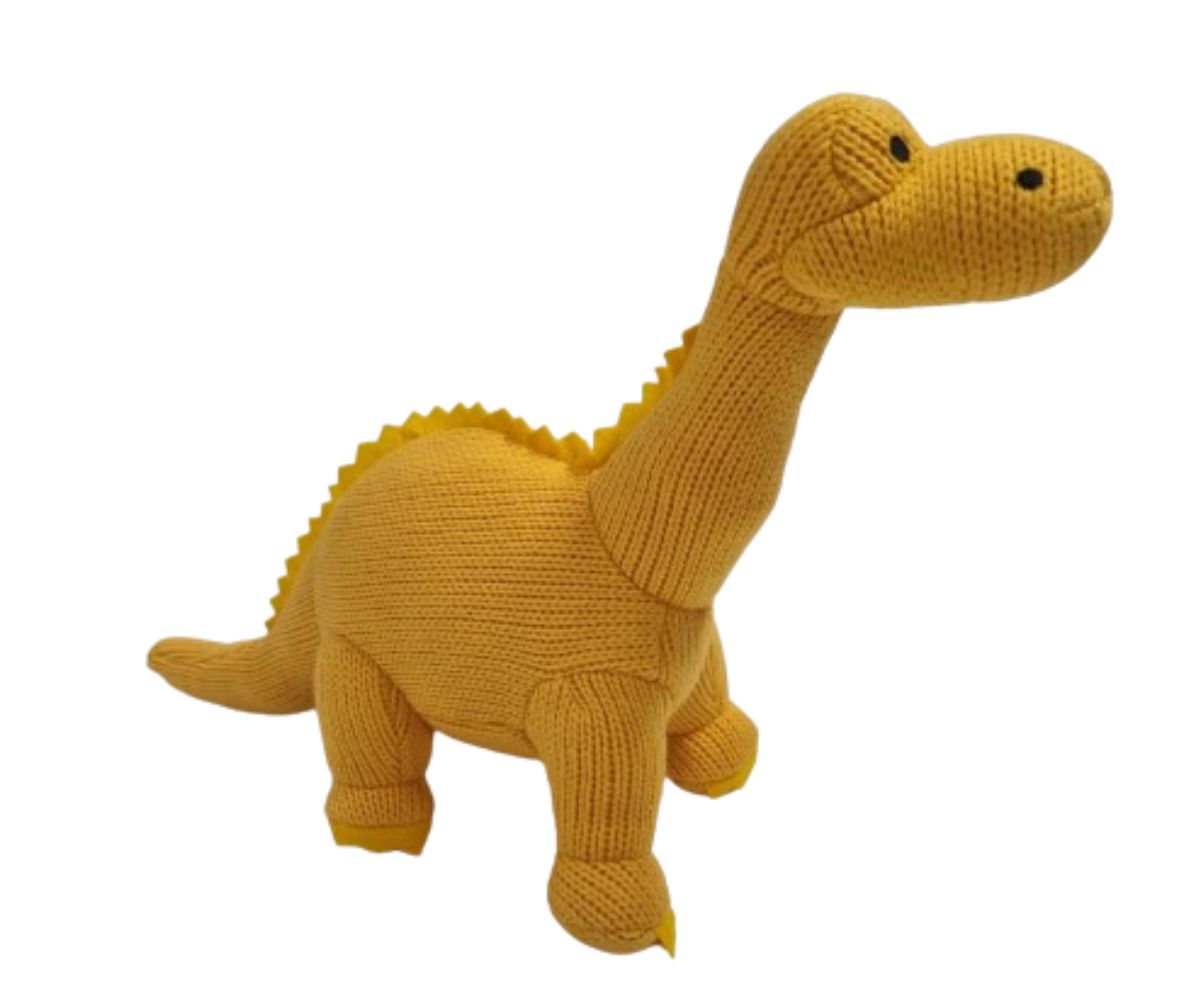 Soft knitted ethically sourced yellow diplodocus soft toy