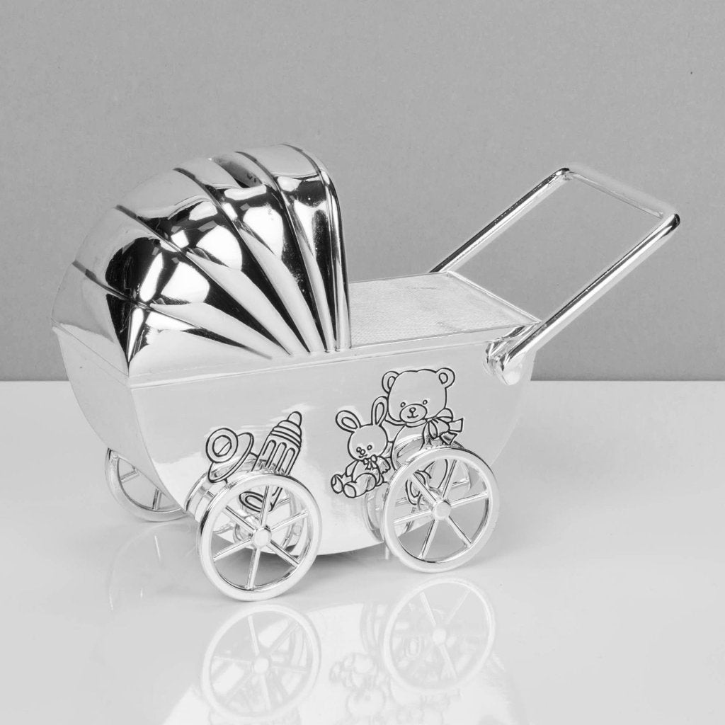 Bambino Silverplate Money Box Pram/Moving Wheels