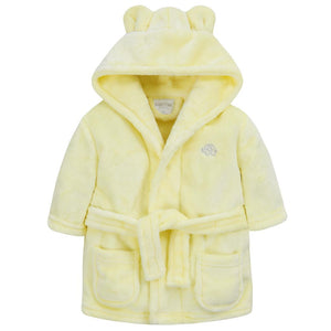 Personalised yellow baby dressing gown. This bathrobe has ears on the hood, pockets and a belt.