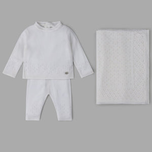 Knitted Newborn Outfit - White 3 Piece Set inc Shawl