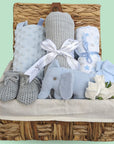 Baby Boy Gifts Hamper with Organic Elephant Rattle, grey cellular blanket, blue taggie and star muslin.