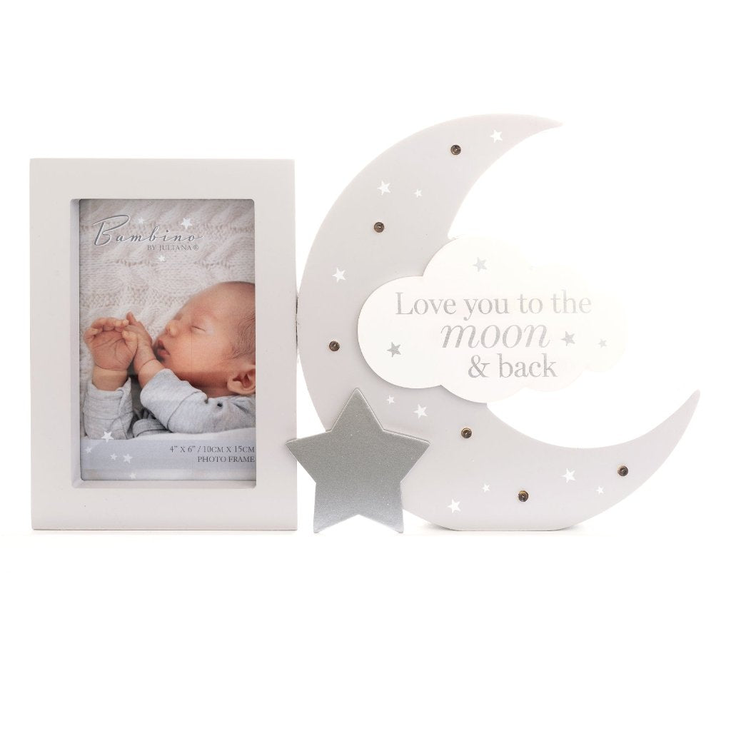 Baby photo frame with white border and Light Up moon Mantel Plaque decoration.