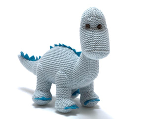 Knitted Organic Cotton Blue Diplodocus Dinosaur Baby Rattle Soft Toy.