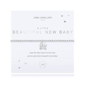 'Beautiful new baby' silver plated bracelet with pram charm gift for a new mum on a sentiment poem card.