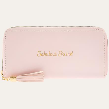 Pink faux leather purse with gold "Fabulous Friend" quote, perfect for stylish card and money storage