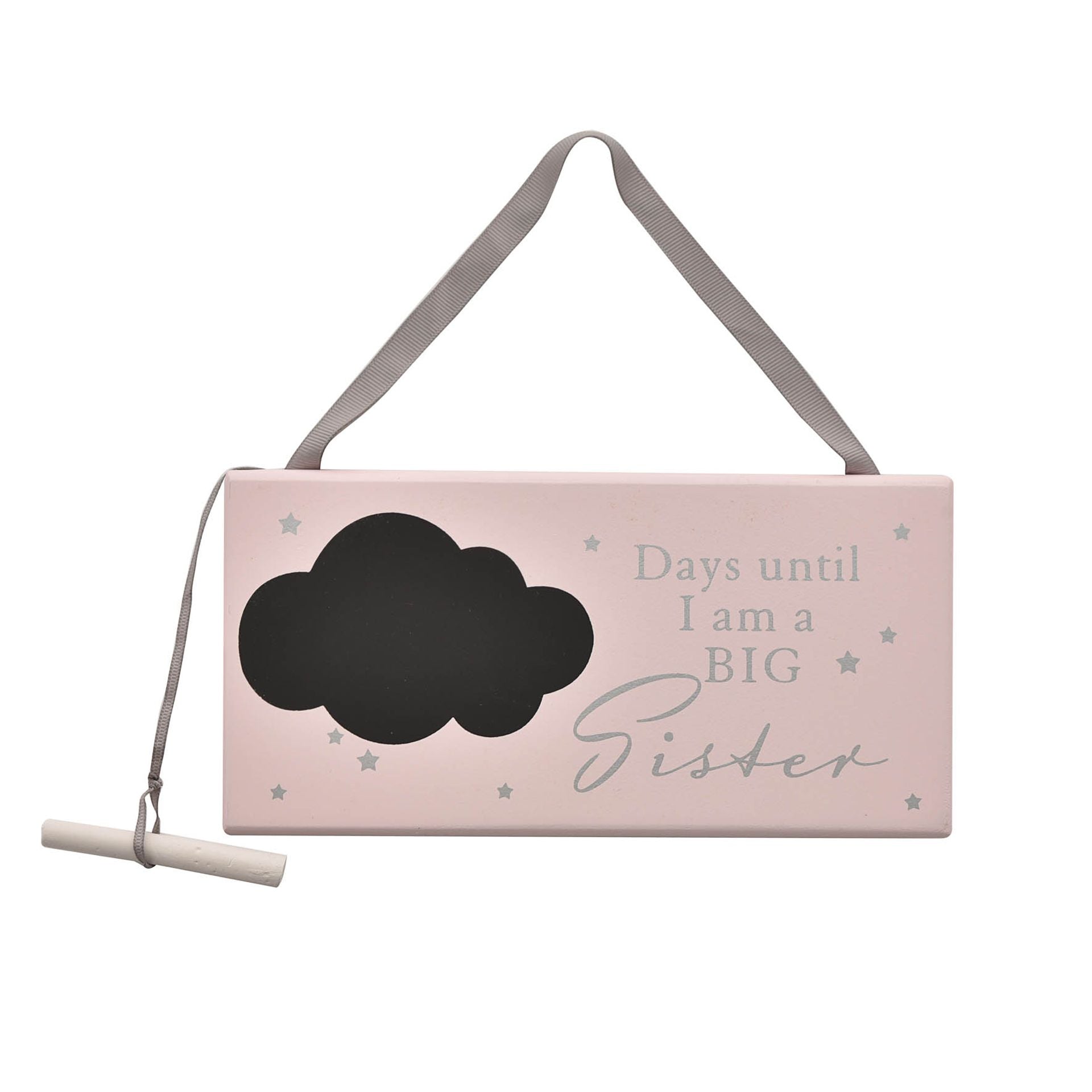 A pink chalk countdown plaque with chalk to help count down the days until a sibling is a bib sister.