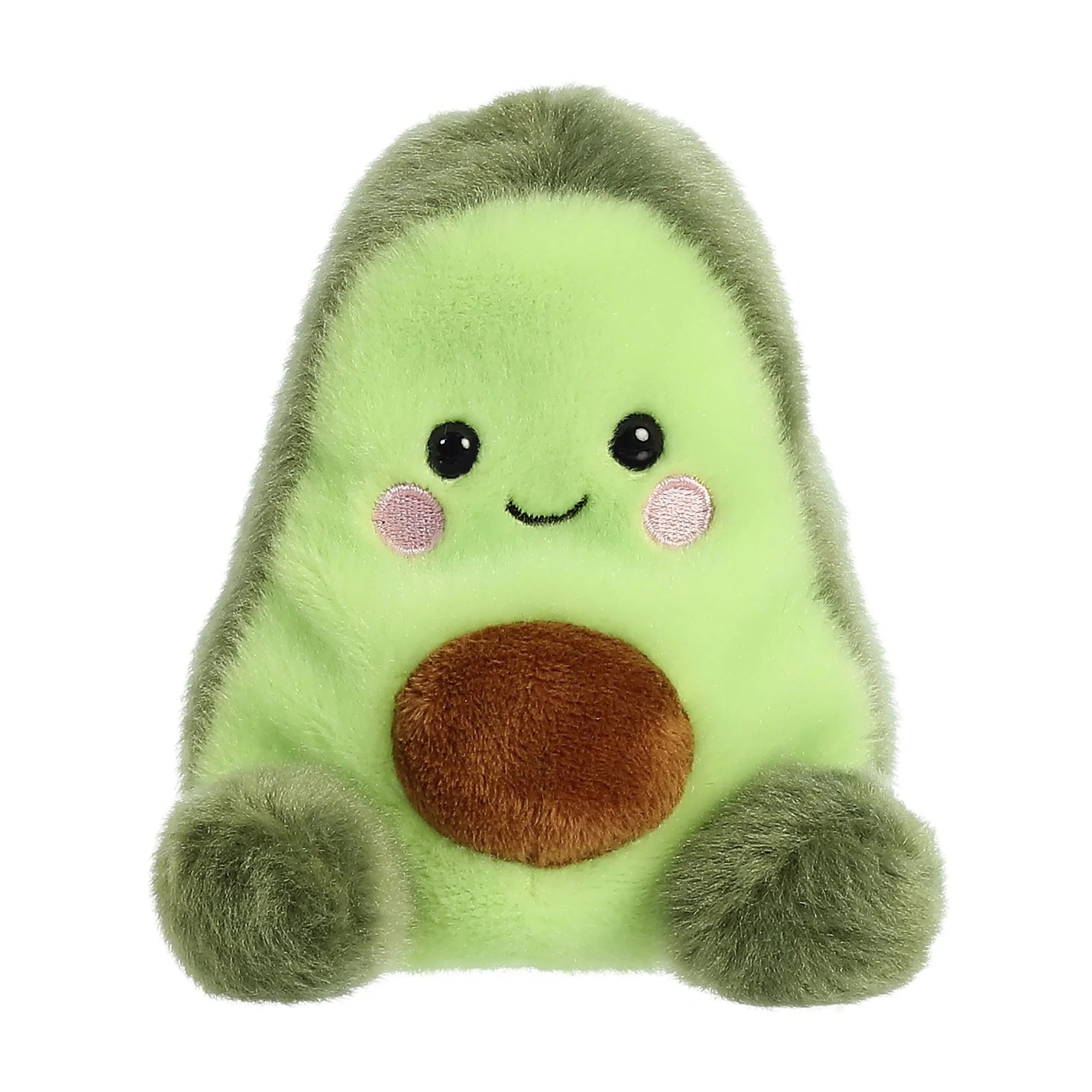 Two tone green fluffy avocado soft toy.  Measuring approx. 5 inches and with a very friendly face.